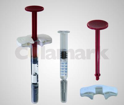 達爾嘉預充針管自動脫巢→自動擰桿貼標→U型指托（助推裝置）安裝自動安裝