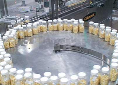 高速理瓶→ 視覺數粒瓶裝→干燥劑投放→高速旋蓋→鋁箔封口→自動貼標生產線